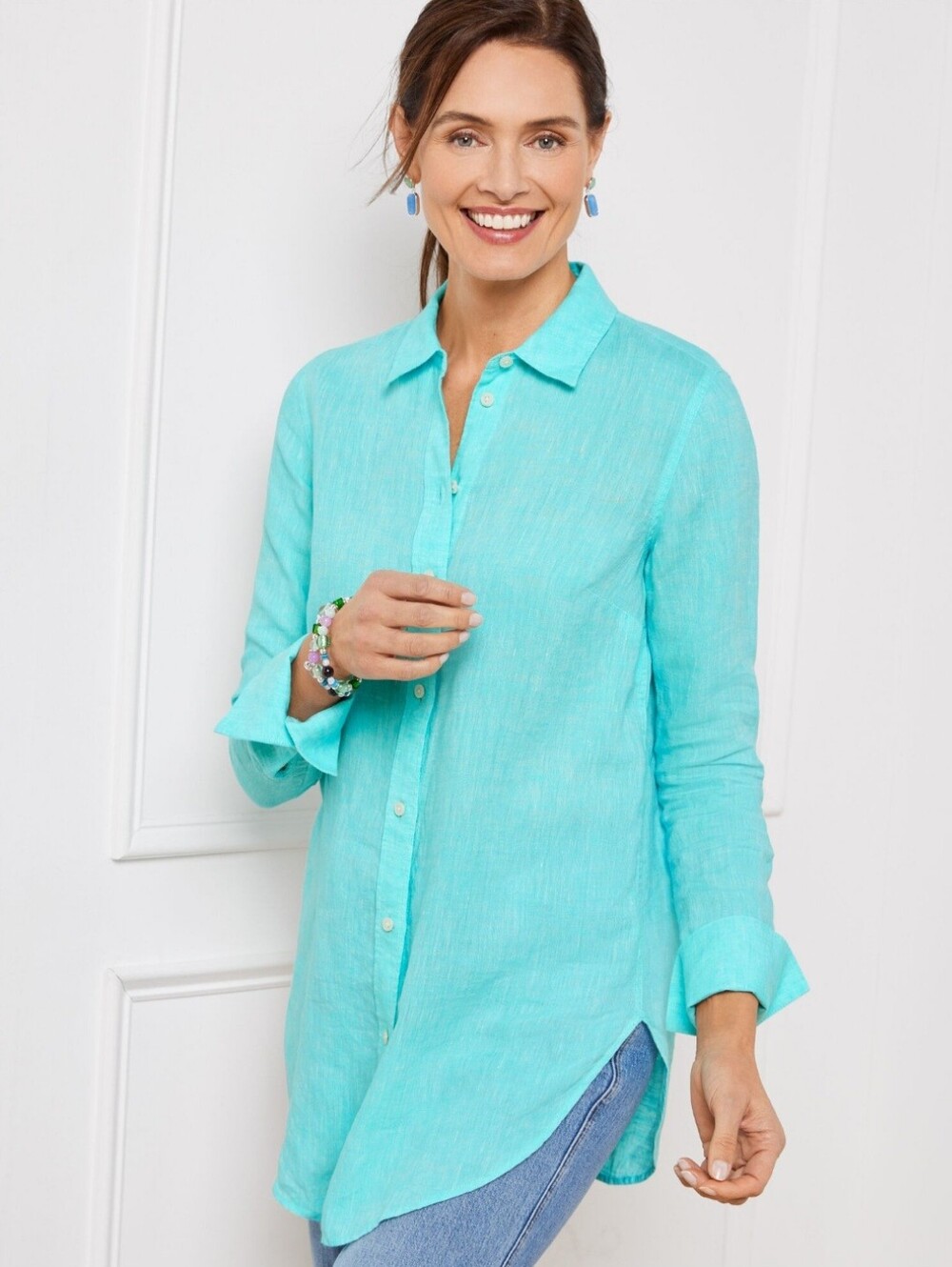 Talbots Aqua Linen Button-Front Tunic Shirt
